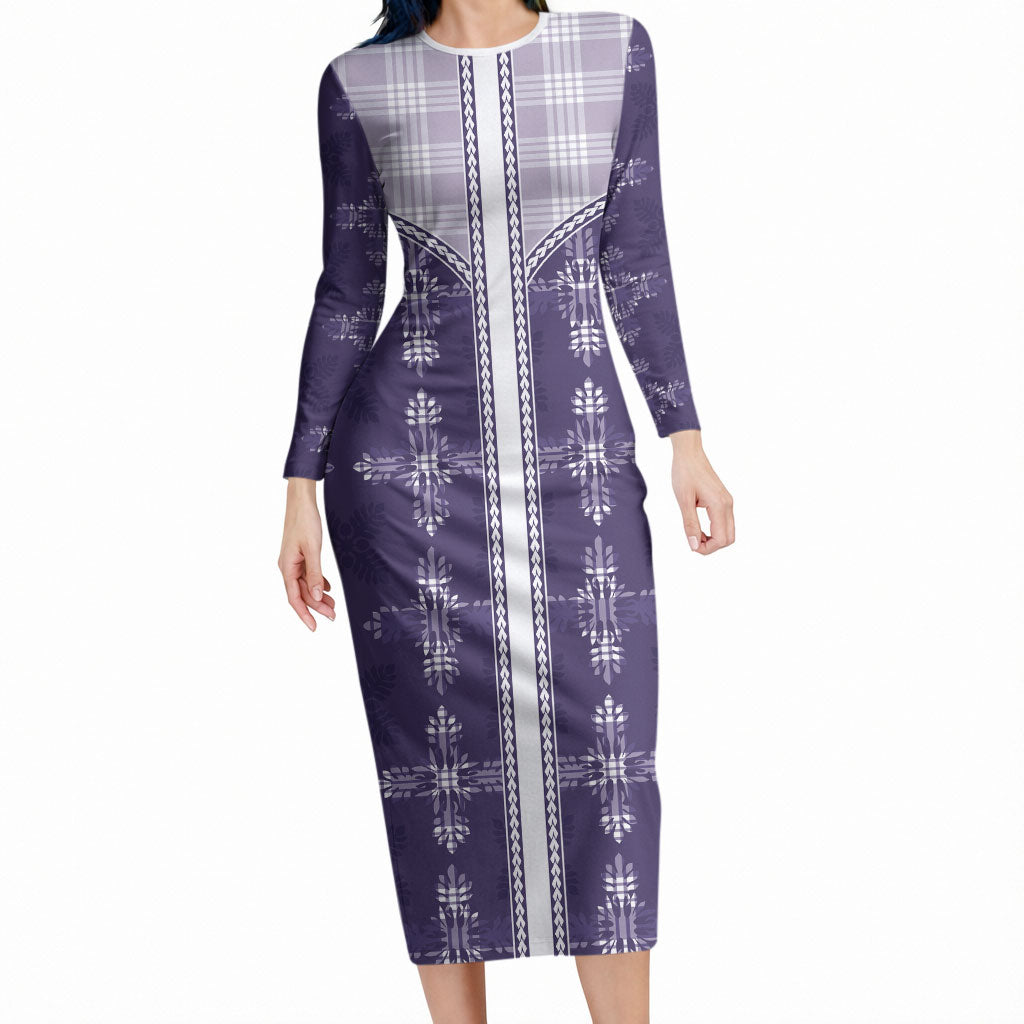 Purple Hawaii Paniolo Quilt Motif Long Sleeve Bodycon Dress LT05 Long Dress Purple - Polynesian Pride