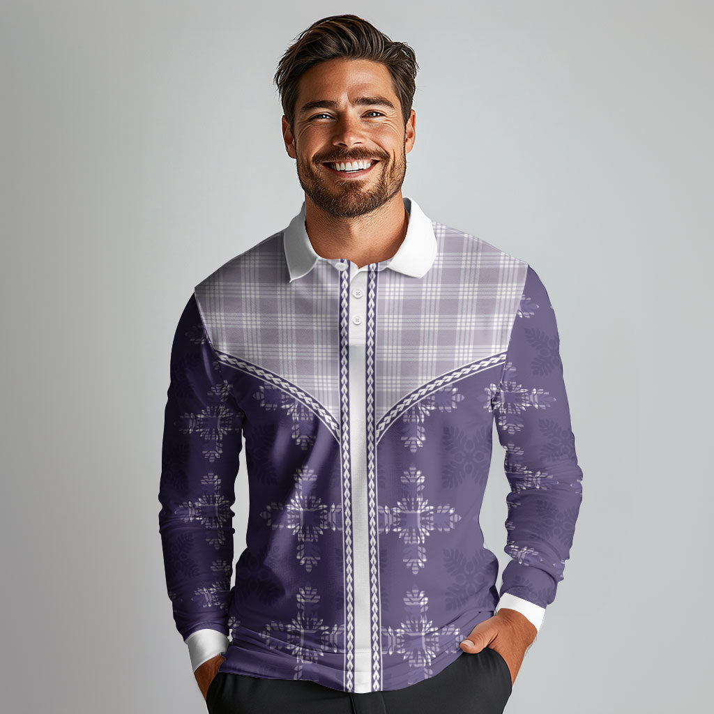 Purple Hawaii Paniolo Quilt Motif Long Sleeve Polo Shirt LT05 - Polynesian Pride
