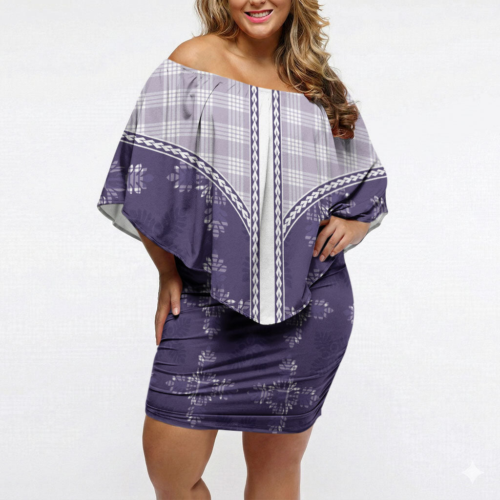 Purple Hawaii Paniolo Quilt Motif Off Shoulder Short Dress LT05 Women Purple - Polynesian Pride