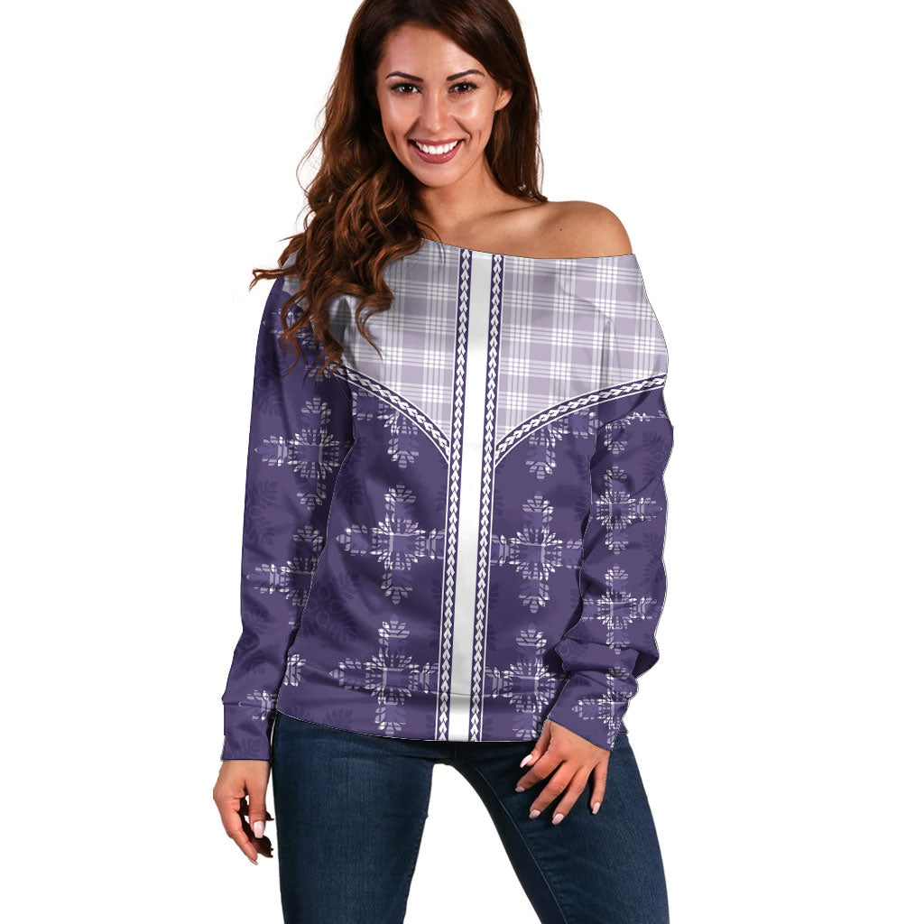Purple Hawaii Paniolo Quilt Motif Off Shoulder Sweater