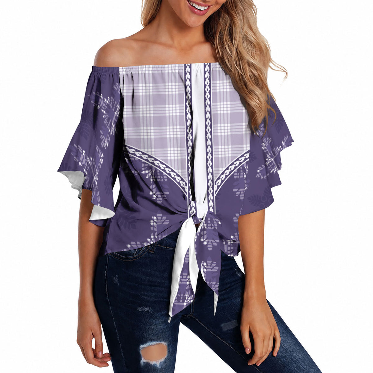Purple Hawaii Paniolo Quilt Motif Off Shoulder Wrap Waist Top LT05 Purple - Polynesian Pride