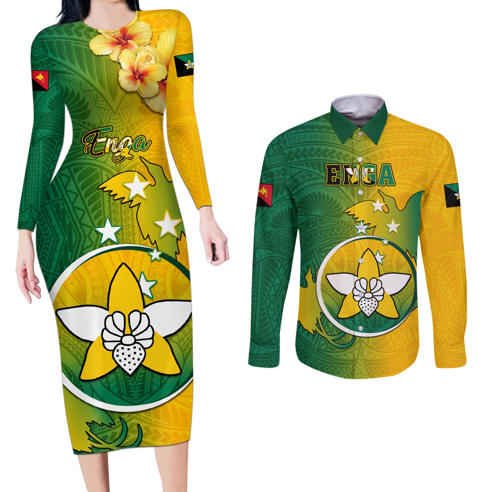 Papua New Guinea Enga Province Couples Matching Long Sleeve Bodycon Dress and Long Sleeve Button Shirts Mix Coat Of Arms Polynesian Pattern LT05 Green - Polynesian Pride