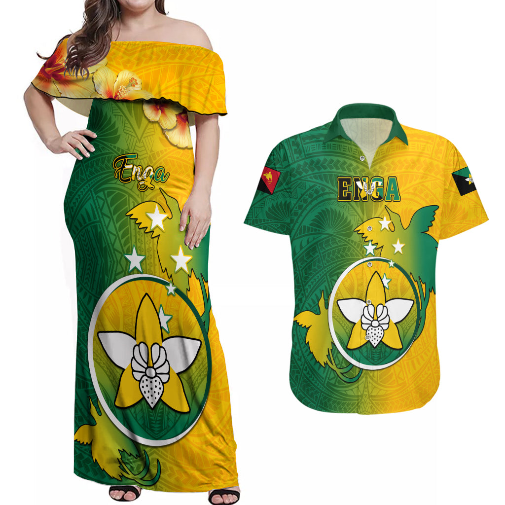 Papua New Guinea Enga Province Couples Matching Off Shoulder Maxi Dress and Hawaiian Shirt Mix Coat Of Arms Polynesian Pattern LT05 Green - Polynesian Pride