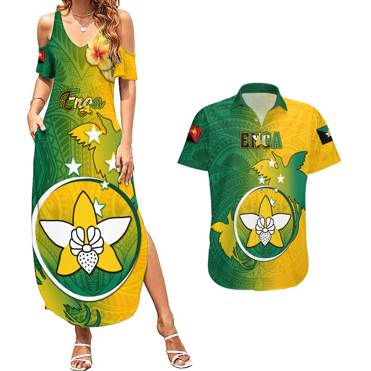 Papua New Guinea Enga Province Couples Matching Summer Maxi Dress and Hawaiian Shirt Mix Coat Of Arms Polynesian Pattern LT05 Green - Polynesian Pride