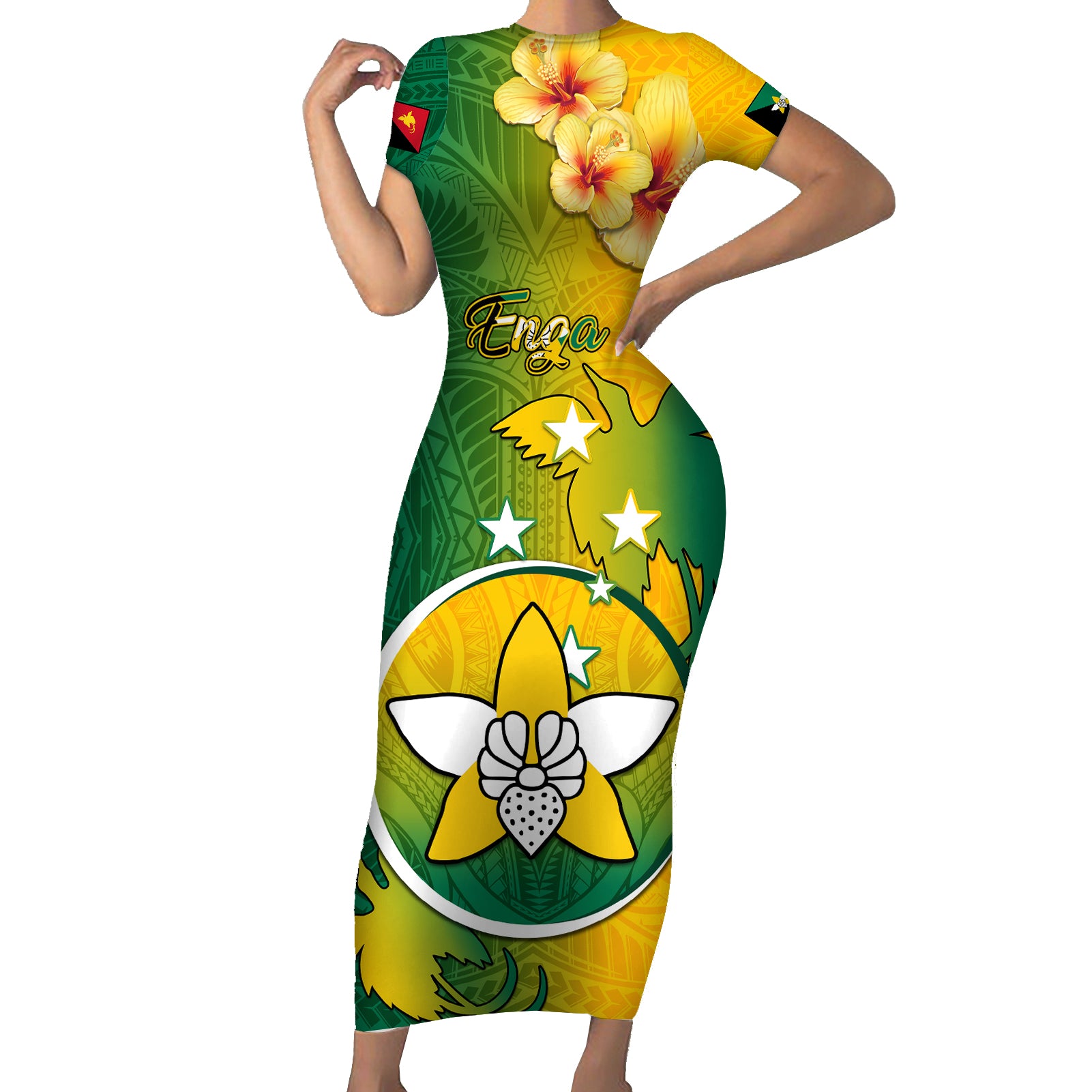 Papua New Guinea Enga Province Short Sleeve Bodycon Dress Mix Coat Of Arms Polynesian Pattern LT05 Long Dress Green - Polynesian Pride