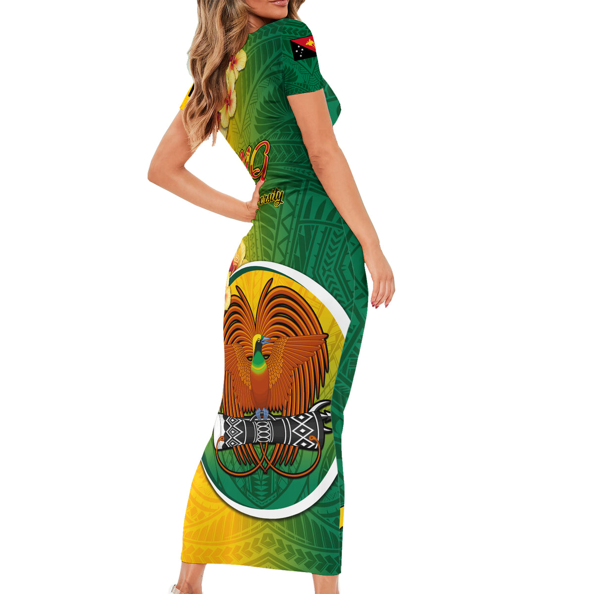 Papua New Guinea Enga Province Short Sleeve Bodycon Dress Mix Coat Of Arms Polynesian Pattern LT05 - Polynesian Pride