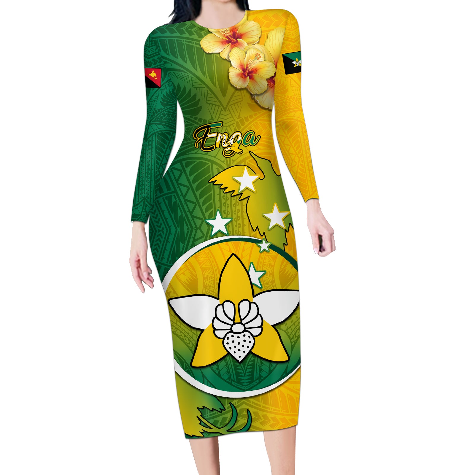 Personalized Papua New Guinea Enga Province Long Sleeve Bodycon Dress Mix Coat Of Arms Polynesian Pattern LT05 Long Dress Green - Polynesian Pride