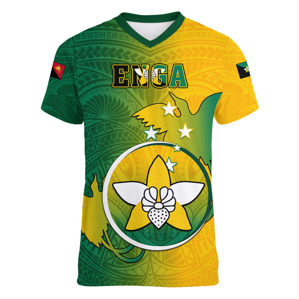 Personalized Papua New Guinea Enga Province Women V Neck T Shirt Mix Coat Of Arms Polynesian Pattern LT05 Female Green - Polynesian Pride