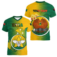 Personalized Papua New Guinea Enga Province Women V Neck T Shirt Mix Coat Of Arms Polynesian Pattern LT05 - Polynesian Pride