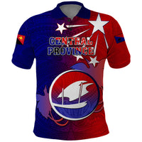 Papua New Guinea Central Province Polo Shirt Mix Coat Of Arms Polynesian Pattern LT05 Blue - Polynesian Pride