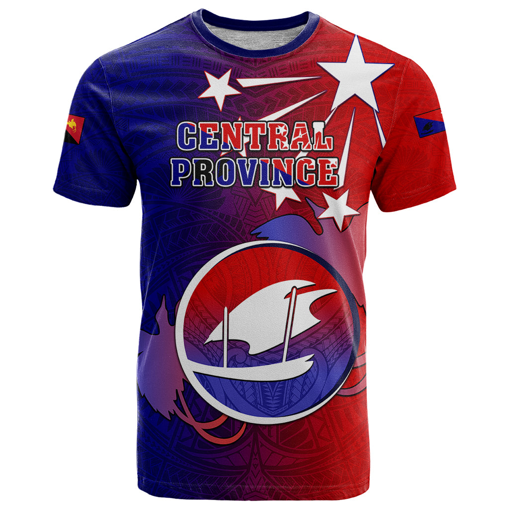 Papua New Guinea Central Province T Shirt Mix Coat Of Arms Polynesian Pattern LT05 Blue - Polynesian Pride