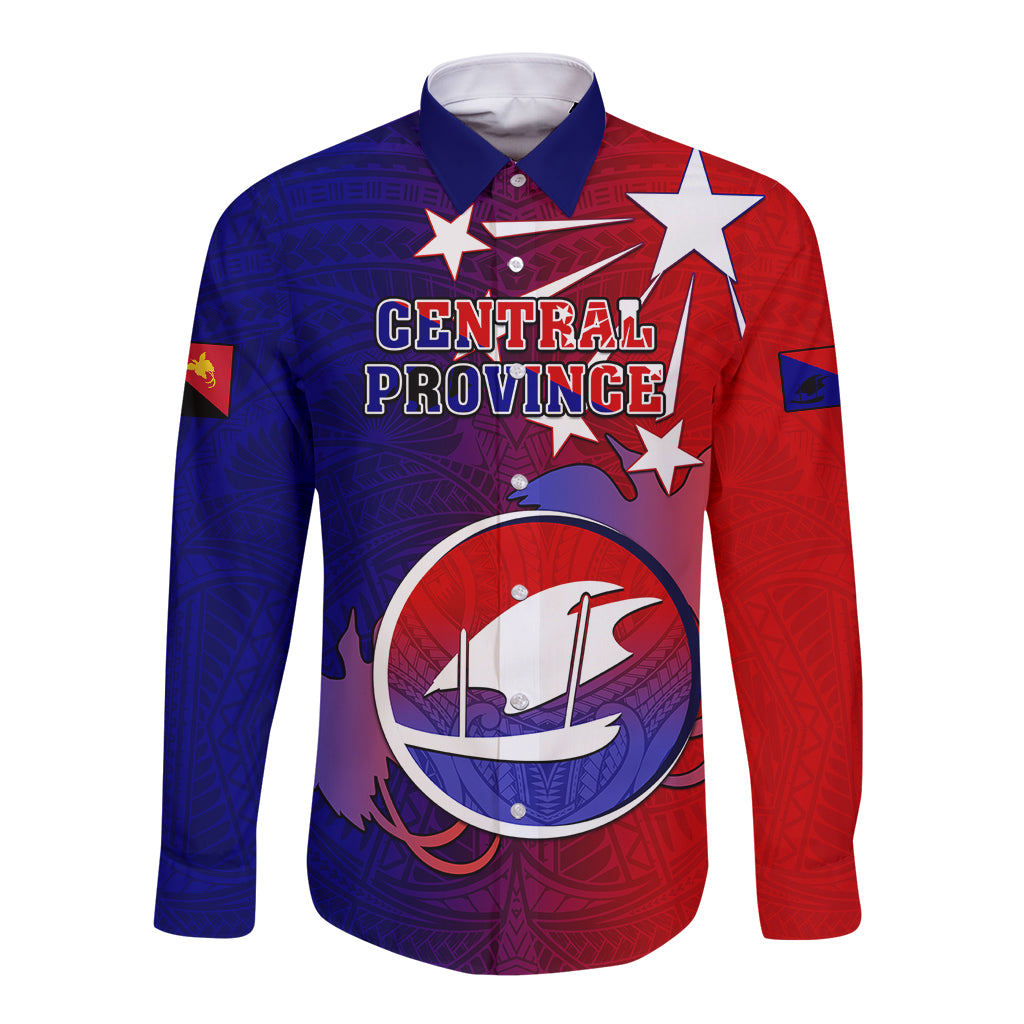 Personalized Papua New Guinea Central Province Long Sleeve Button Shirt Mix Coat Of Arms Polynesian Pattern LT05 Unisex Blue - Polynesian Pride