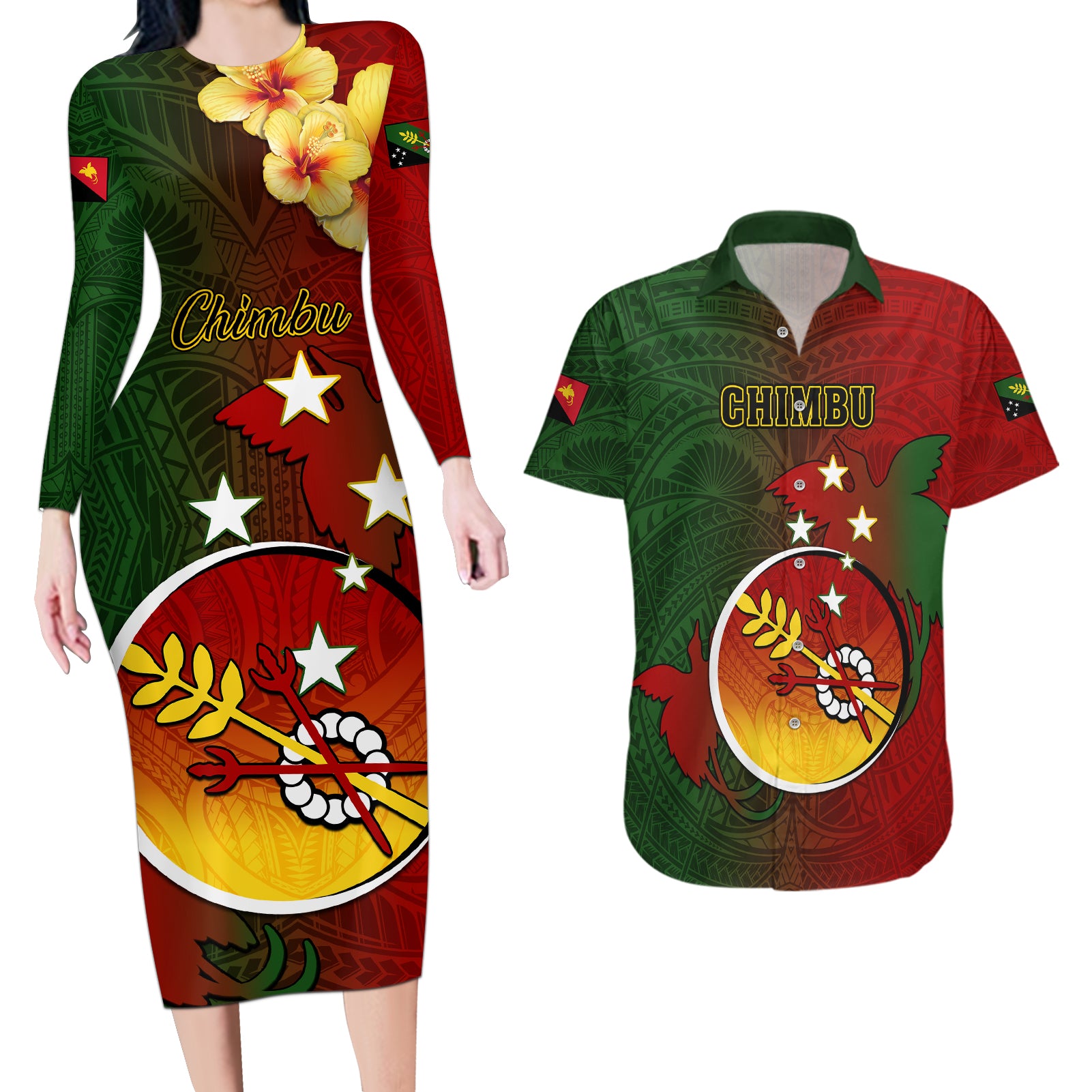 Papua New Guinea Chimbu Province Couples Matching Long Sleeve Bodycon Dress and Hawaiian Shirt Mix Coat Of Arms Polynesian Pattern LT05 Red - Polynesian Pride