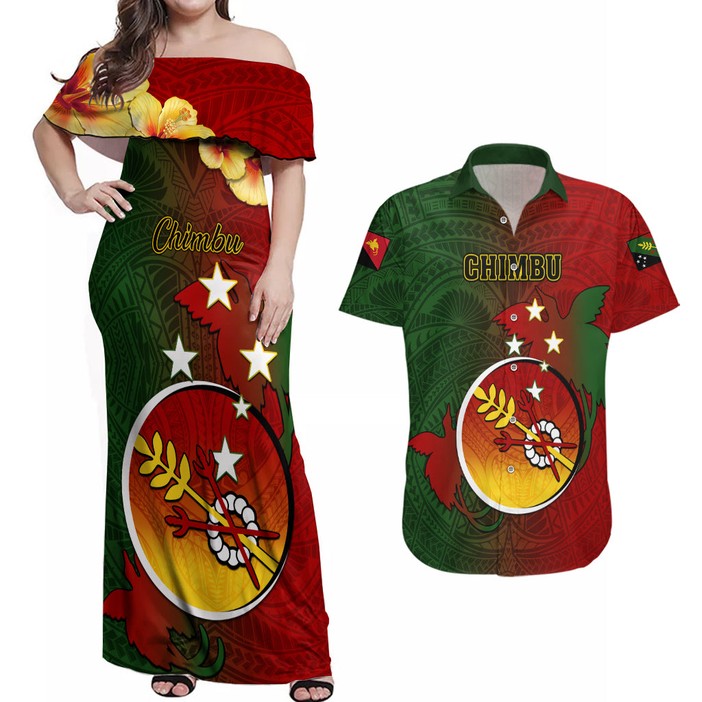 Papua New Guinea Chimbu Province Couples Matching Off Shoulder Maxi Dress and Hawaiian Shirt Mix Coat Of Arms Polynesian Pattern LT05 Red - Polynesian Pride