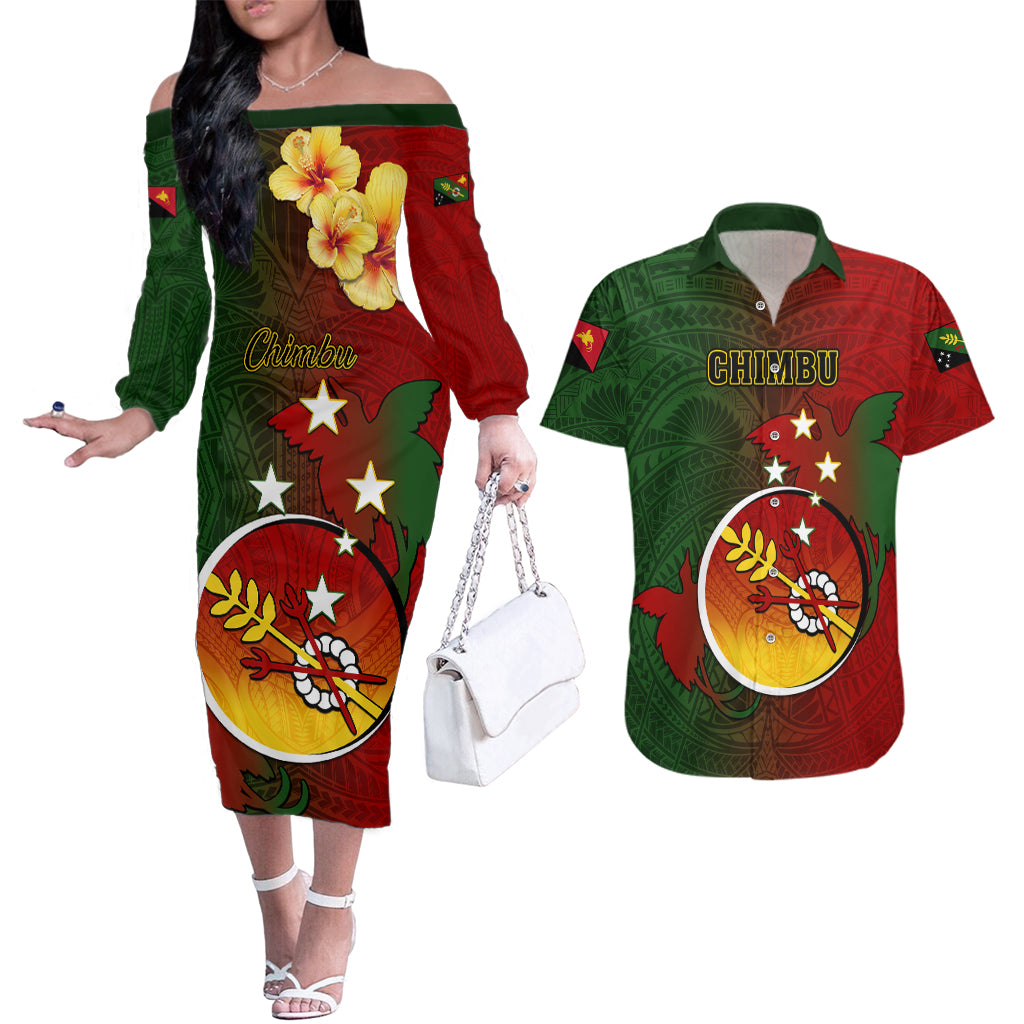 Papua New Guinea Chimbu Province Couples Matching Off The Shoulder Long Sleeve Dress and Hawaiian Shirt Mix Coat Of Arms Polynesian Pattern LT05 Red - Polynesian Pride