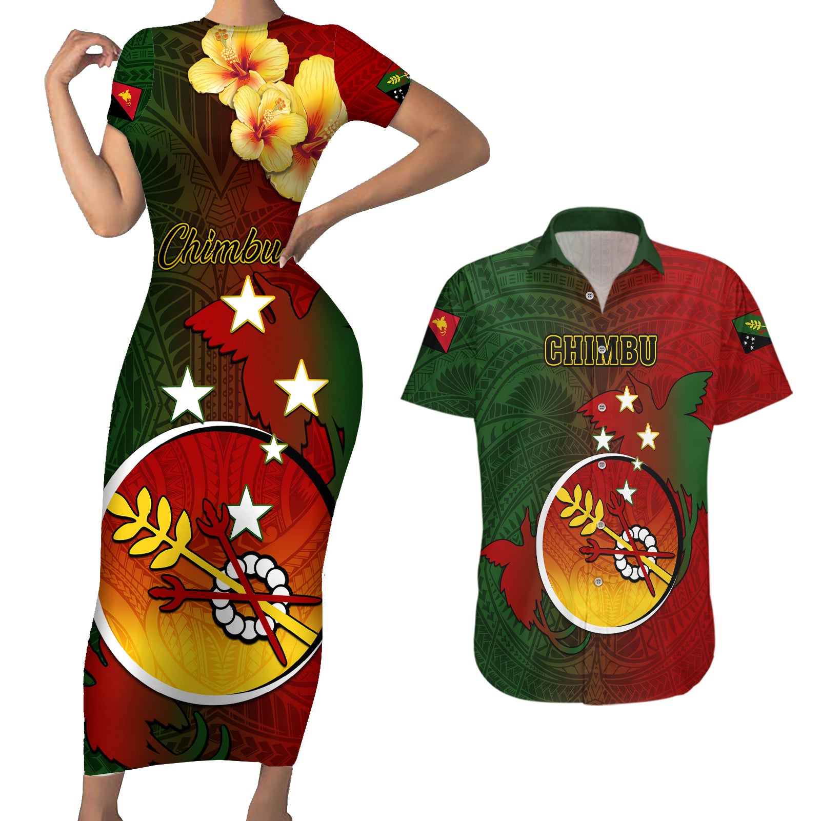 Papua New Guinea Chimbu Province Couples Matching Short Sleeve Bodycon Dress and Hawaiian Shirt Mix Coat Of Arms Polynesian Pattern LT05 Red - Polynesian Pride