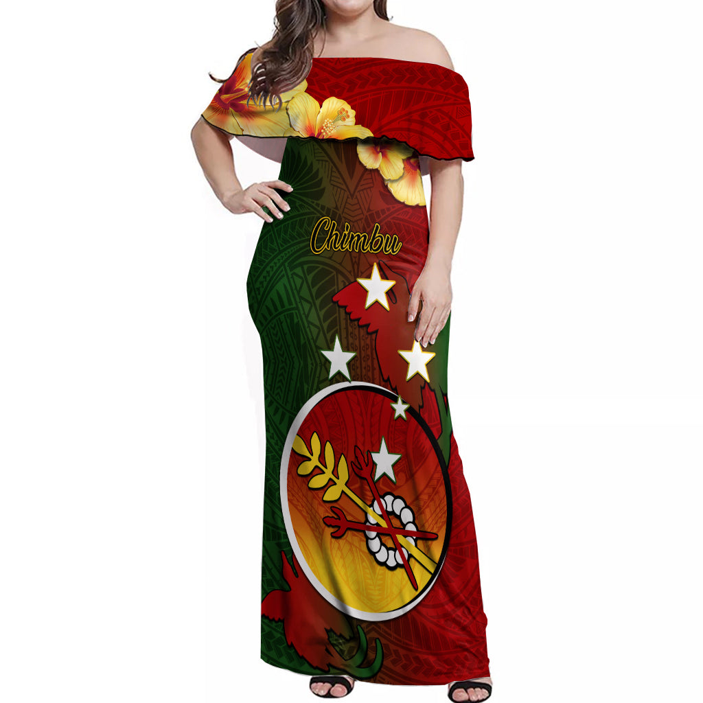 Papua New Guinea Chimbu Province Off Shoulder Maxi Dress Mix Coat Of Arms Polynesian Pattern LT05 Women Red - Polynesian Pride