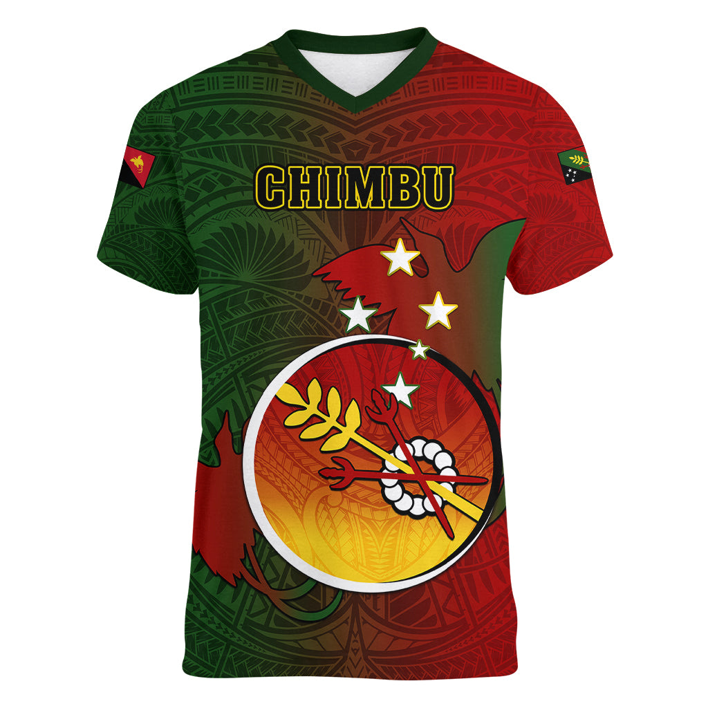 Papua New Guinea Chimbu Province Women V Neck T Shirt Mix Coat Of Arms Polynesian Pattern LT05 Female Red - Polynesian Pride