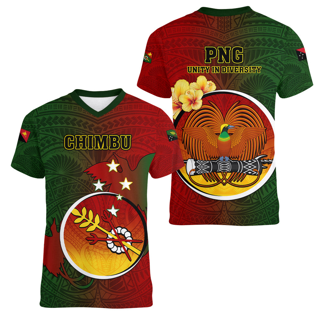 Papua New Guinea Chimbu Province Women V Neck T Shirt Mix Coat Of Arms Polynesian Pattern LT05 - Polynesian Pride