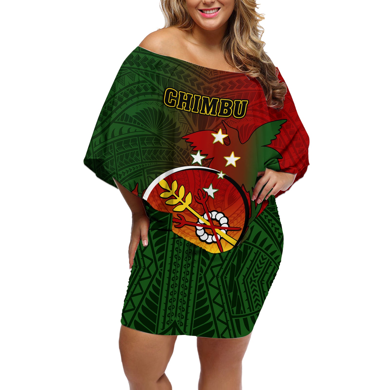 Personalized Papua New Guinea Chimbu Province Off Shoulder Short Dress Mix Coat Of Arms Polynesian Pattern LT05 Women Red - Polynesian Pride