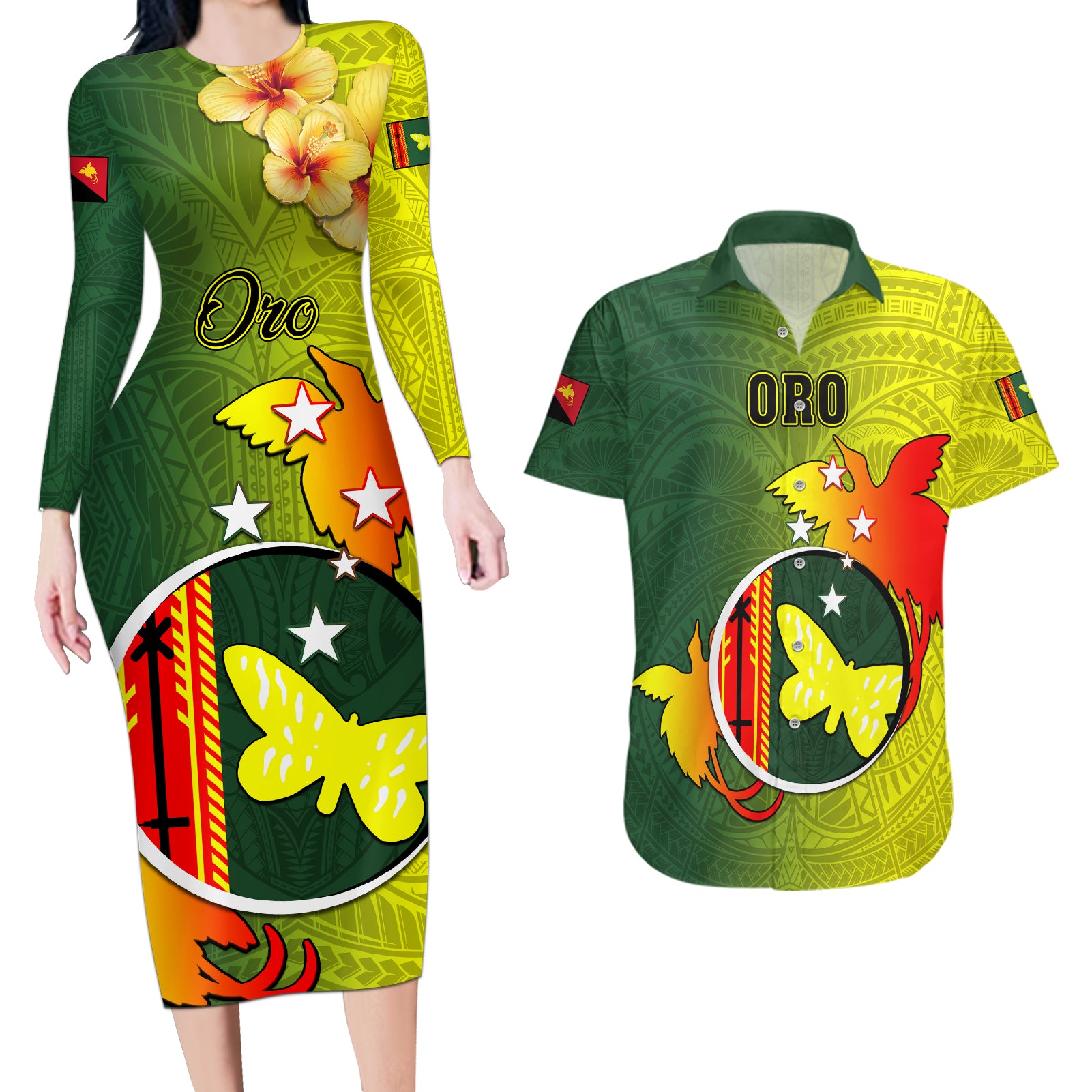 Papua New Guinea Oro Province Couples Matching Long Sleeve Bodycon Dress and Hawaiian Shirt Mix Coat Of Arms Polynesian Pattern LT05 Yellow - Polynesian Pride