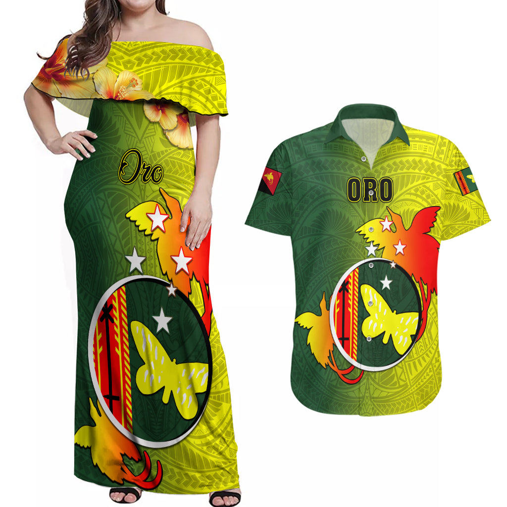 Papua New Guinea Oro Province Couples Matching Off Shoulder Maxi Dress and Hawaiian Shirt Mix Coat Of Arms Polynesian Pattern LT05 Yellow - Polynesian Pride