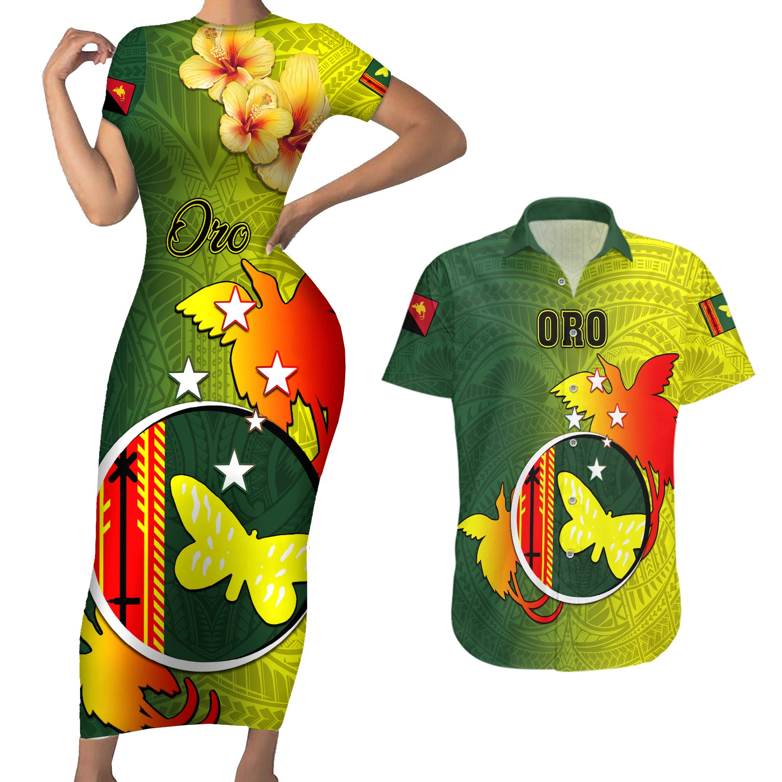 Papua New Guinea Oro Province Couples Matching Short Sleeve Bodycon Dress and Hawaiian Shirt Mix Coat Of Arms Polynesian Pattern LT05 Yellow - Polynesian Pride