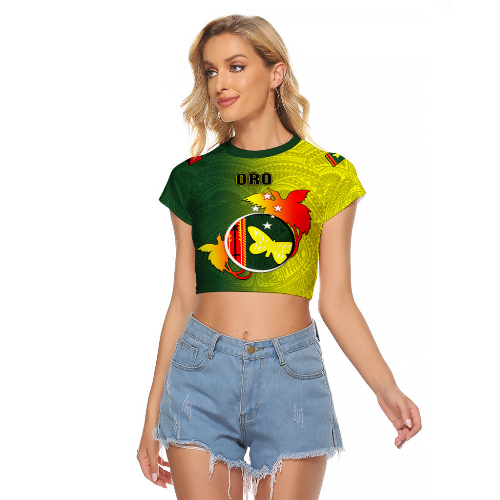 Papua New Guinea Oro Province Raglan Cropped T Shirt Mix Coat Of Arms Polynesian Pattern LT05 Female Yellow - Polynesian Pride