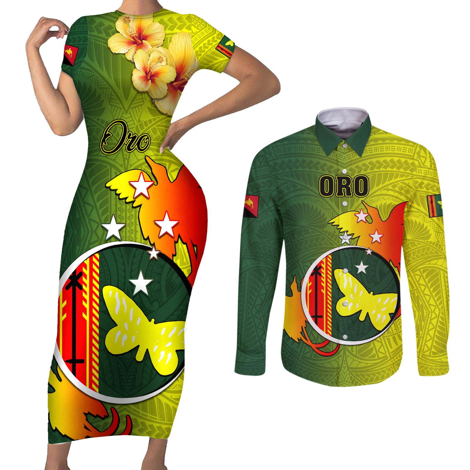 Personalized Papua New Guinea Oro Province Couples Matching Short Sleeve Bodycon Dress and Long Sleeve Button Shirts Mix Coat Of Arms Polynesian Pattern LT05 Yellow - Polynesian Pride