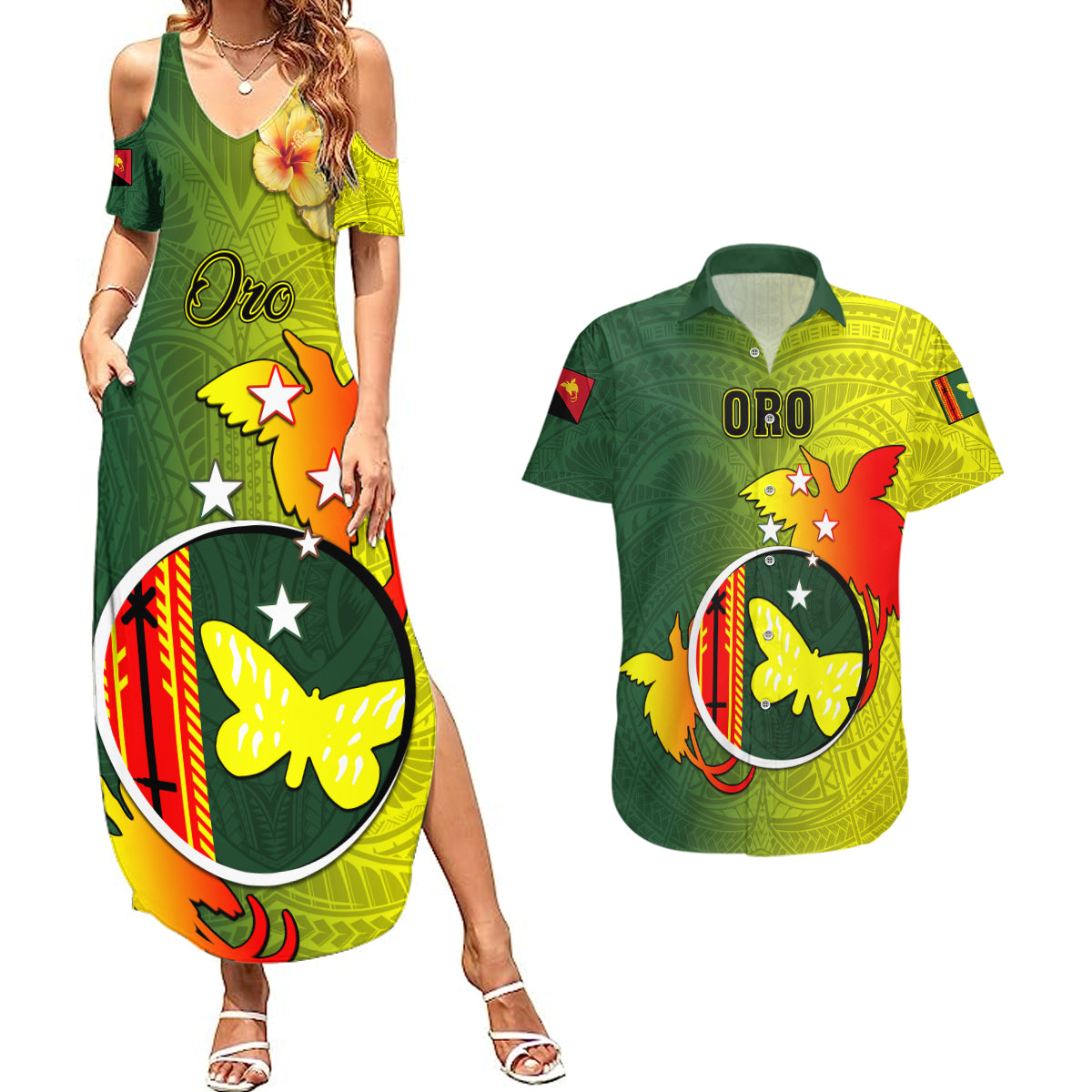 Personalized Papua New Guinea Oro Province Couples Matching Summer Maxi Dress and Hawaiian Shirt Mix Coat Of Arms Polynesian Pattern LT05 Yellow - Polynesian Pride