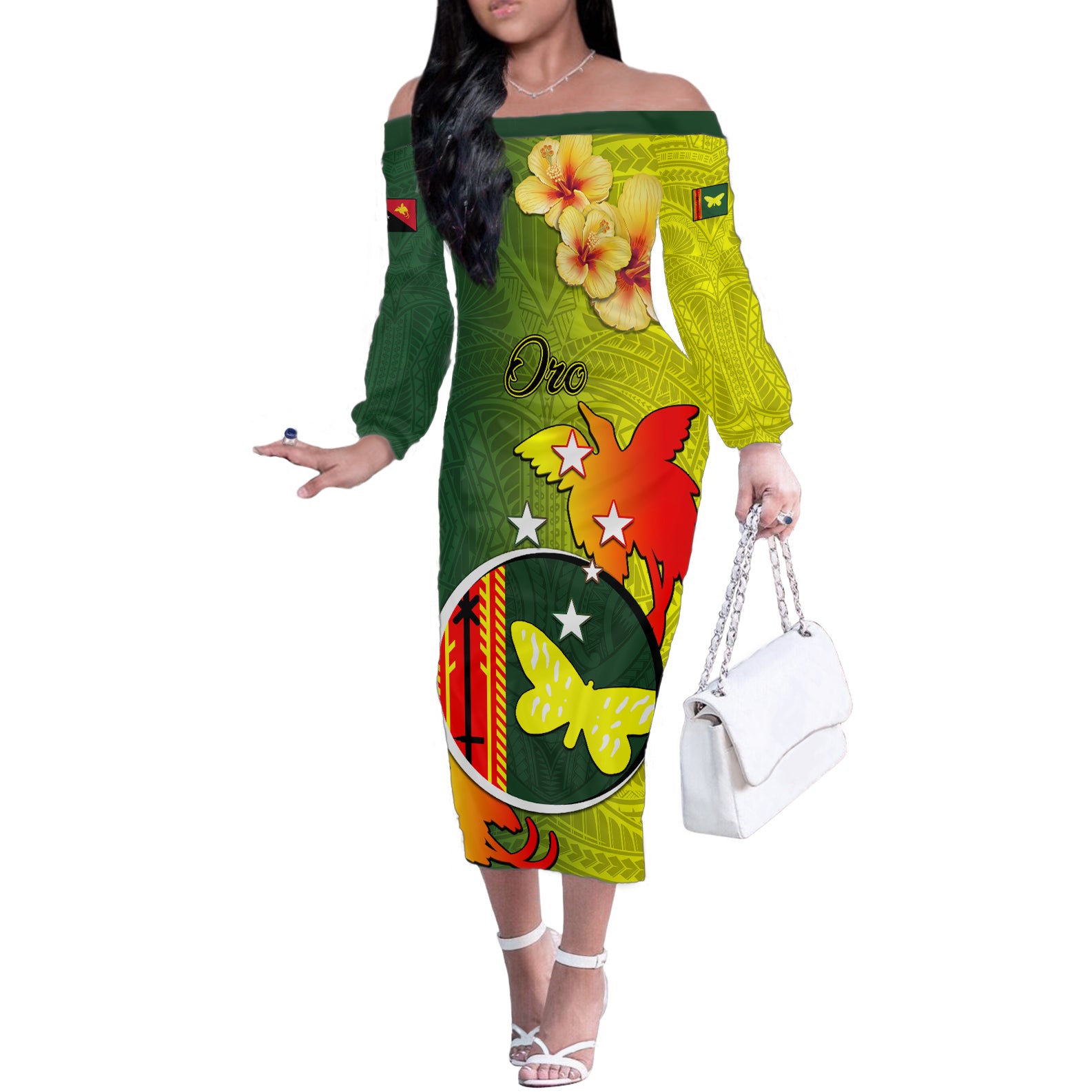 Personalized Papua New Guinea Oro Province Off The Shoulder Long Sleeve Dress Mix Coat Of Arms Polynesian Pattern LT05 Women Yellow - Polynesian Pride