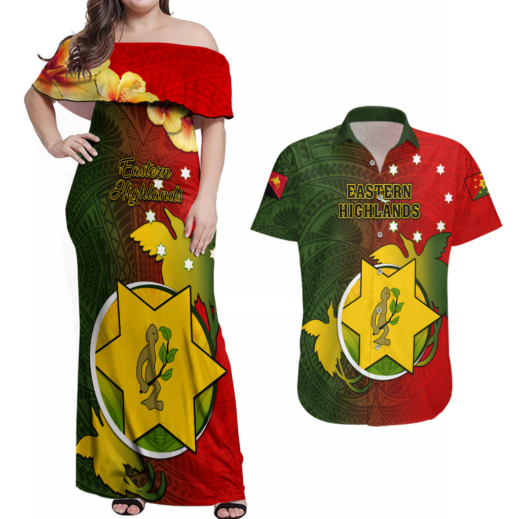 Papua New Guinea Eastern Highlands Province Couples Matching Off Shoulder Maxi Dress and Hawaiian Shirt Mix Coat Of Arms Polynesian Pattern LT05 Red - Polynesian Pride