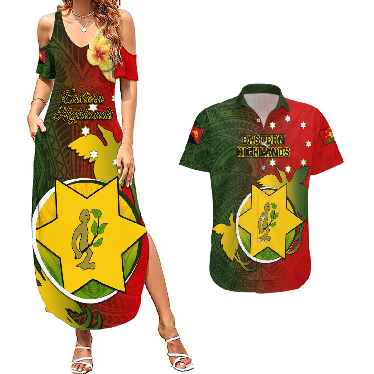 Papua New Guinea Eastern Highlands Province Couples Matching Summer Maxi Dress and Hawaiian Shirt Mix Coat Of Arms Polynesian Pattern LT05 Red - Polynesian Pride