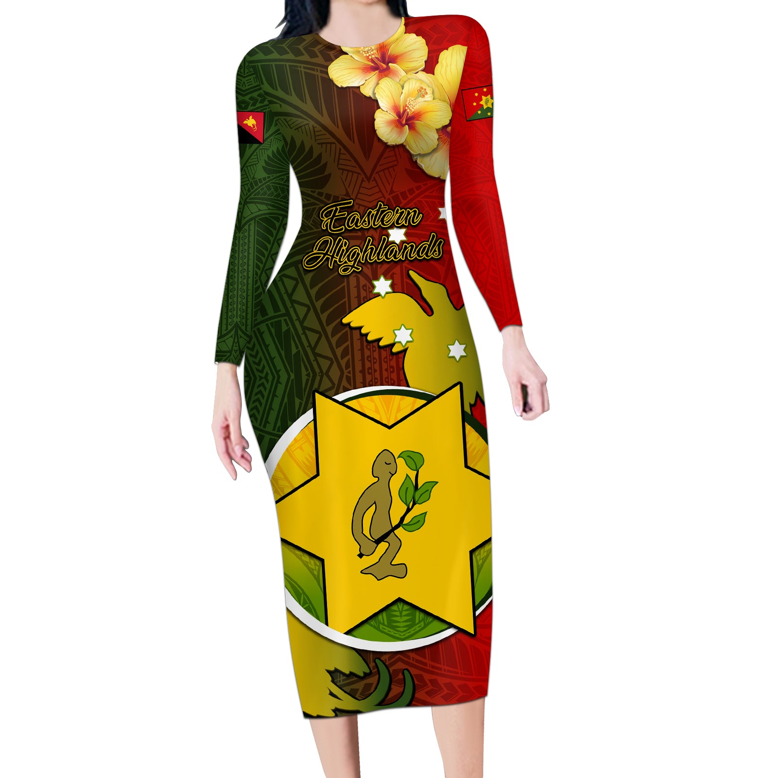 Papua New Guinea Eastern Highlands Province Long Sleeve Bodycon Dress Mix Coat Of Arms Polynesian Pattern LT05 Long Dress Red - Polynesian Pride