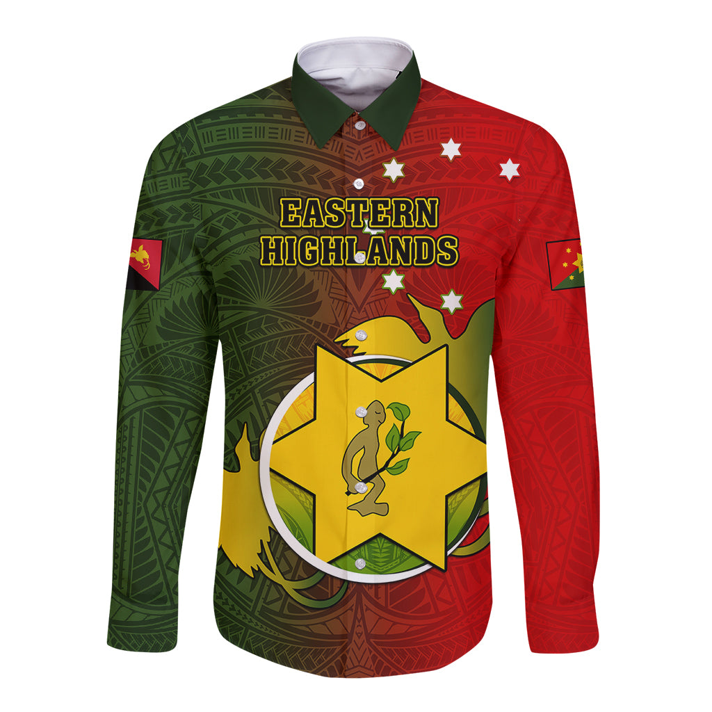 Papua New Guinea Eastern Highlands Province Long Sleeve Button Shirt Mix Coat Of Arms Polynesian Pattern LT05 Unisex Red - Polynesian Pride