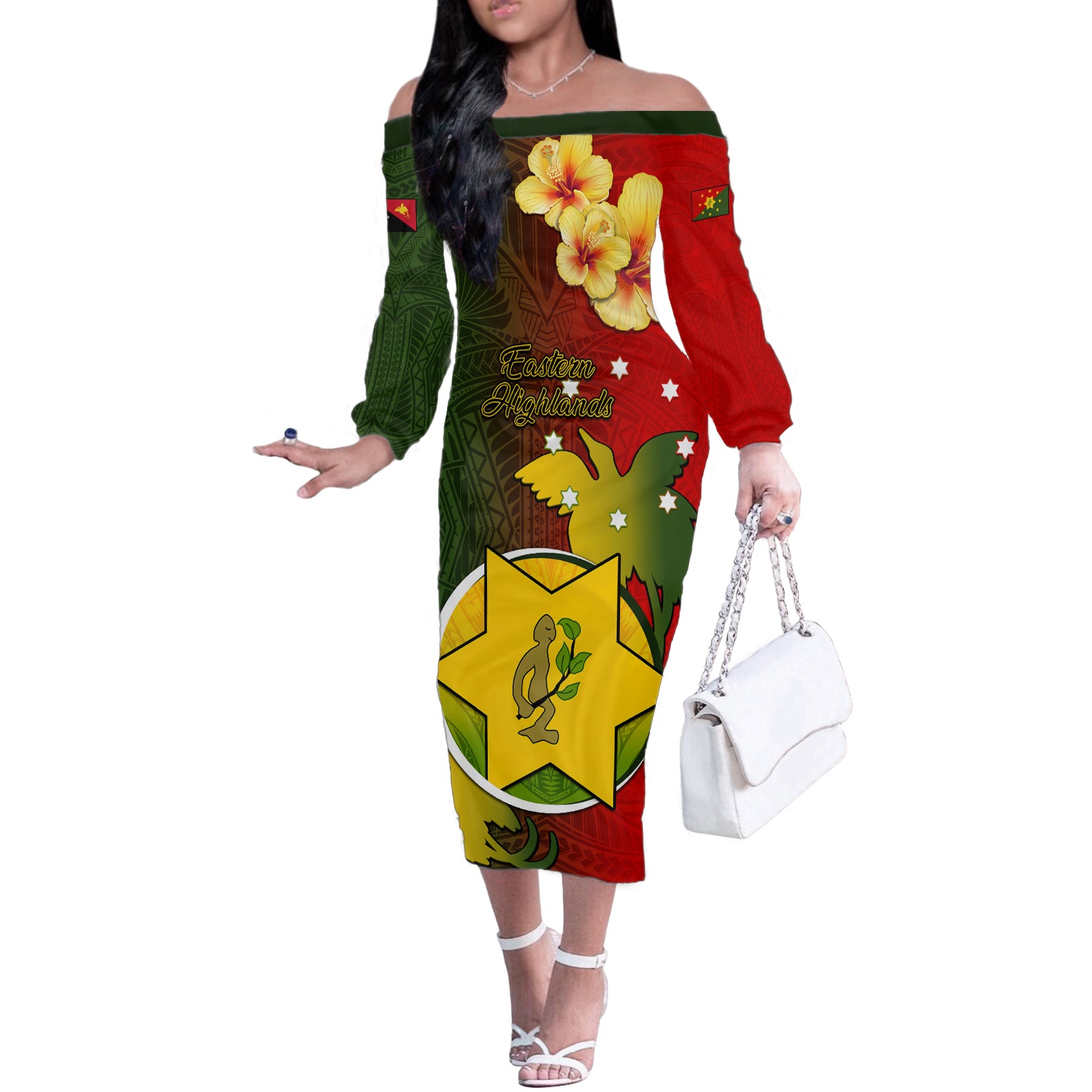 Papua New Guinea Eastern Highlands Province Off The Shoulder Long Sleeve Dress Mix Coat Of Arms Polynesian Pattern LT05 Women Red - Polynesian Pride