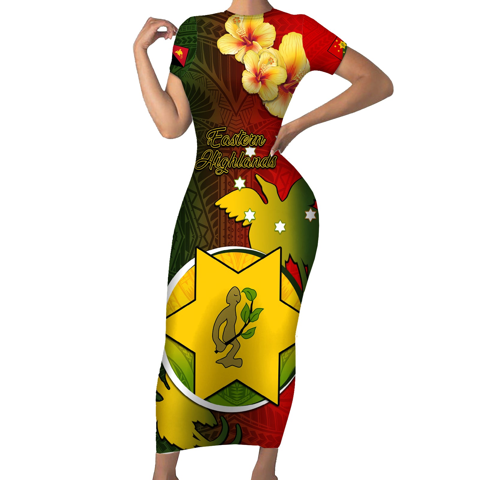 Papua New Guinea Eastern Highlands Province Short Sleeve Bodycon Dress Mix Coat Of Arms Polynesian Pattern LT05 Long Dress Red - Polynesian Pride