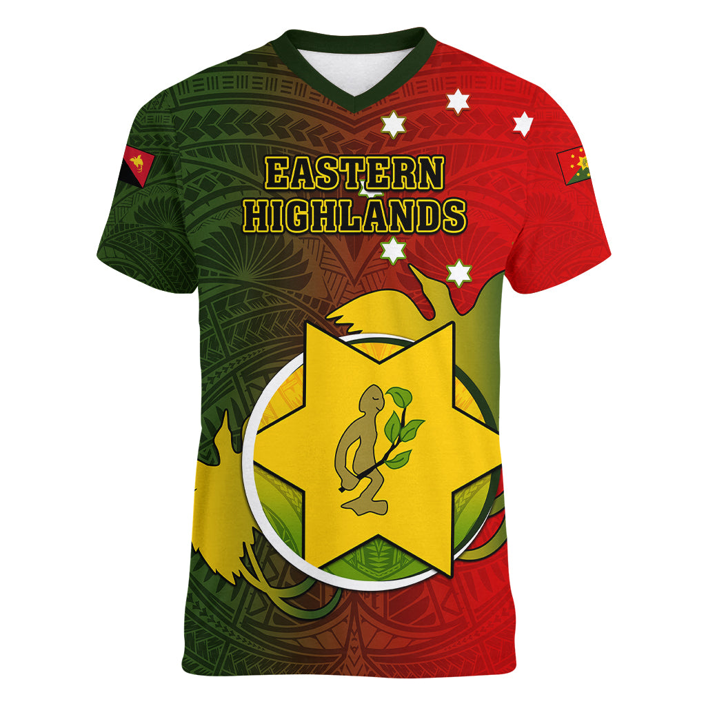Papua New Guinea Eastern Highlands Province Women V Neck T Shirt Mix Coat Of Arms Polynesian Pattern LT05 Female Red - Polynesian Pride