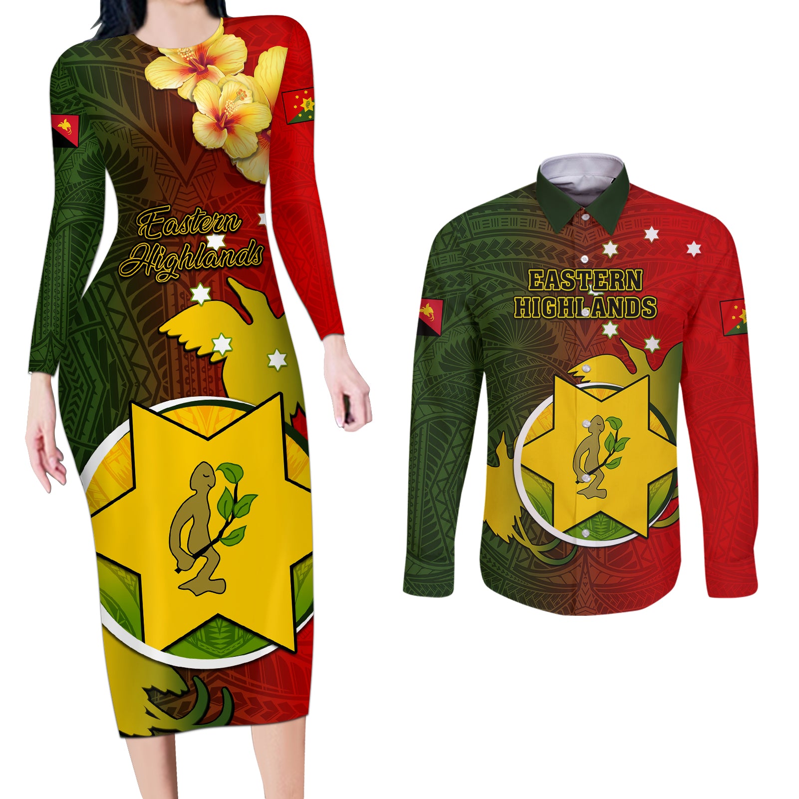 Personalized Papua New Guinea Eastern Highlands Province Couples Matching Long Sleeve Bodycon Dress and Long Sleeve Button Shirts Mix Coat Of Arms Polynesian Pattern LT05 Red - Polynesian Pride