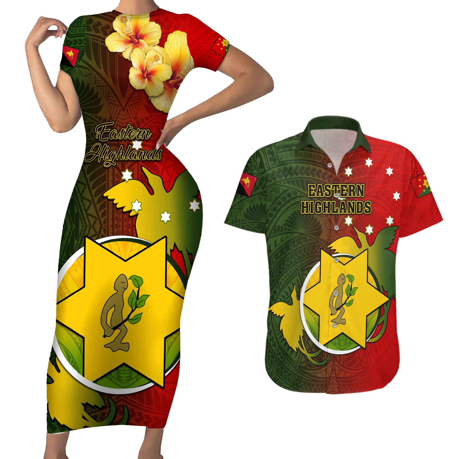 Personalized Papua New Guinea Eastern Highlands Province Couples Matching Short Sleeve Bodycon Dress and Hawaiian Shirt Mix Coat Of Arms Polynesian Pattern LT05 Red - Polynesian Pride