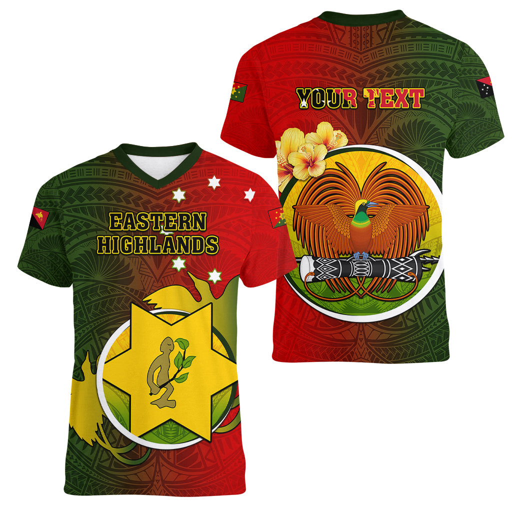 Personalized Papua New Guinea Eastern Highlands Province Women V Neck T Shirt Mix Coat Of Arms Polynesian Pattern LT05 - Polynesian Pride