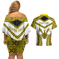 Personalised Niue The Rock Of Polynesia Couples Matching Off Shoulder Short Dress and Hawaiian Shirt Peniamina Gospel Day Yellow Version