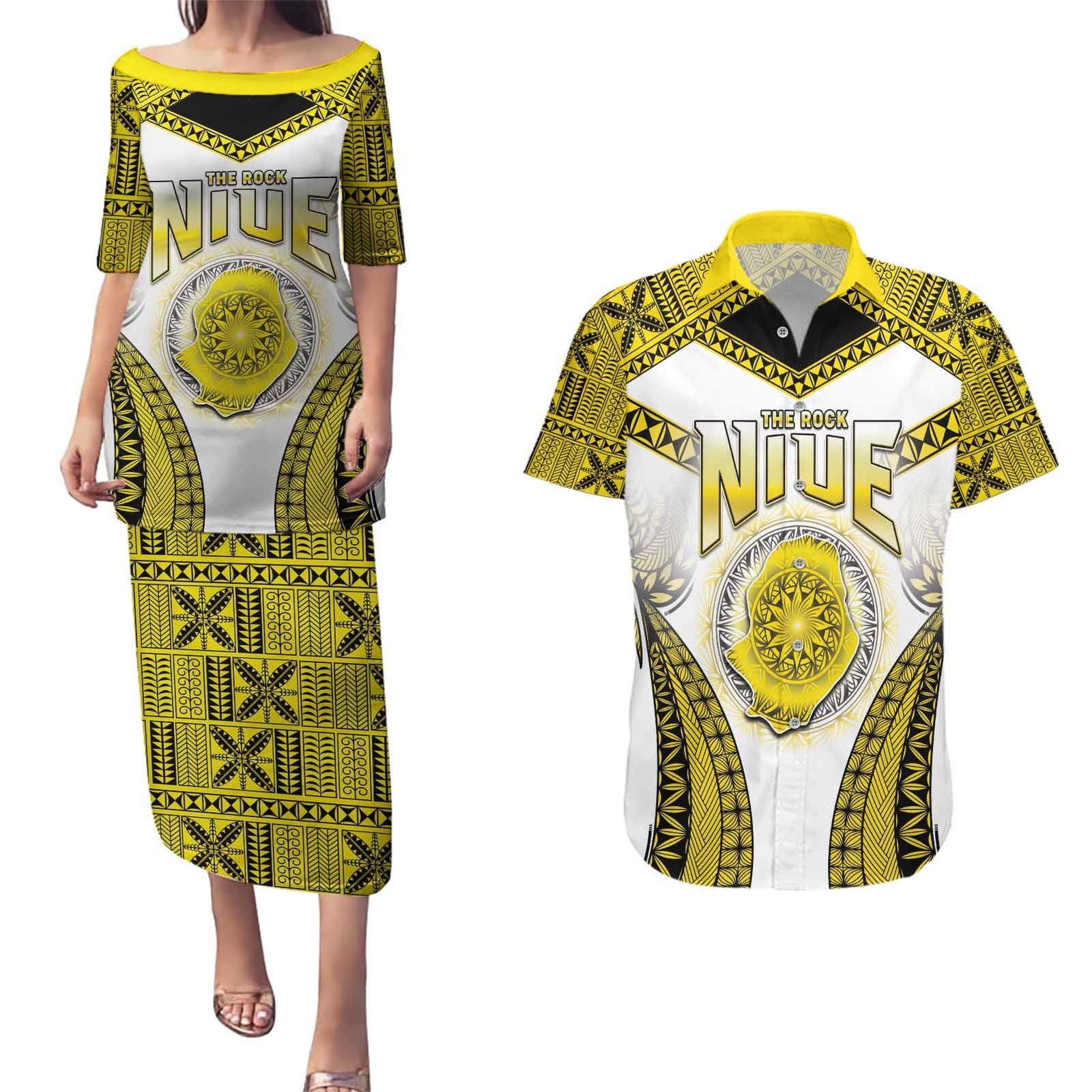 Personalised Niue The Rock Of Polynesia Couples Matching Puletasi and Hawaiian Shirt Peniamina Gospel Day Yellow Version LT05 Yellow - Polynesian Pride