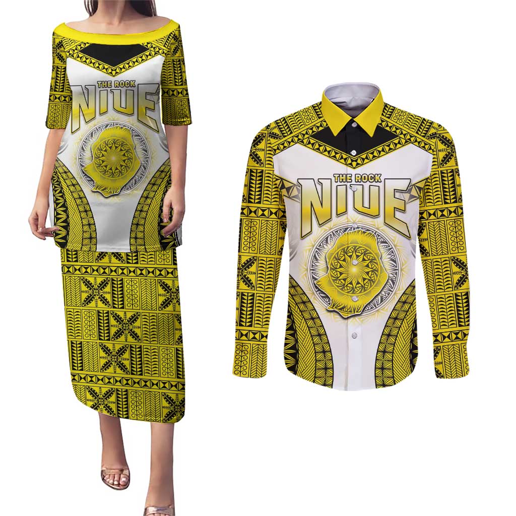 Personalised Niue The Rock Of Polynesia Couples Matching Puletasi and Long Sleeve Button Shirt Peniamina Gospel Day Yellow Version LT05 Yellow - Polynesian Pride