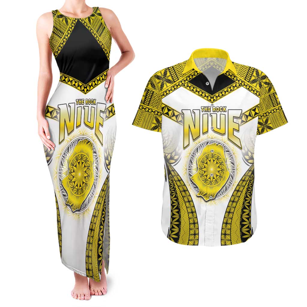 Personalised Niue The Rock Of Polynesia Couples Matching Tank Maxi Dress and Hawaiian Shirt Peniamina Gospel Day Yellow Version