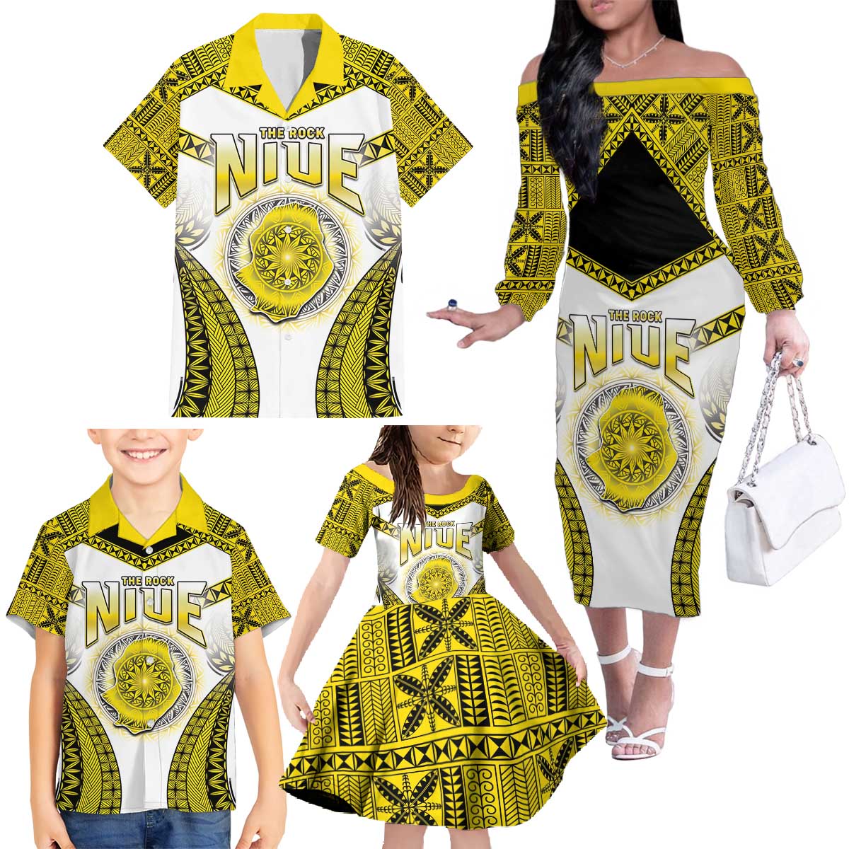 Personalised Niue The Rock Of Polynesia Family Matching Off The Shoulder Long Sleeve Dress and Hawaiian Shirt Peniamina Gospel Day Yellow Version