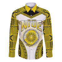 Personalised Niue The Rock Of Polynesia Family Matching Off The Shoulder Long Sleeve Dress and Hawaiian Shirt Peniamina Gospel Day Yellow Version