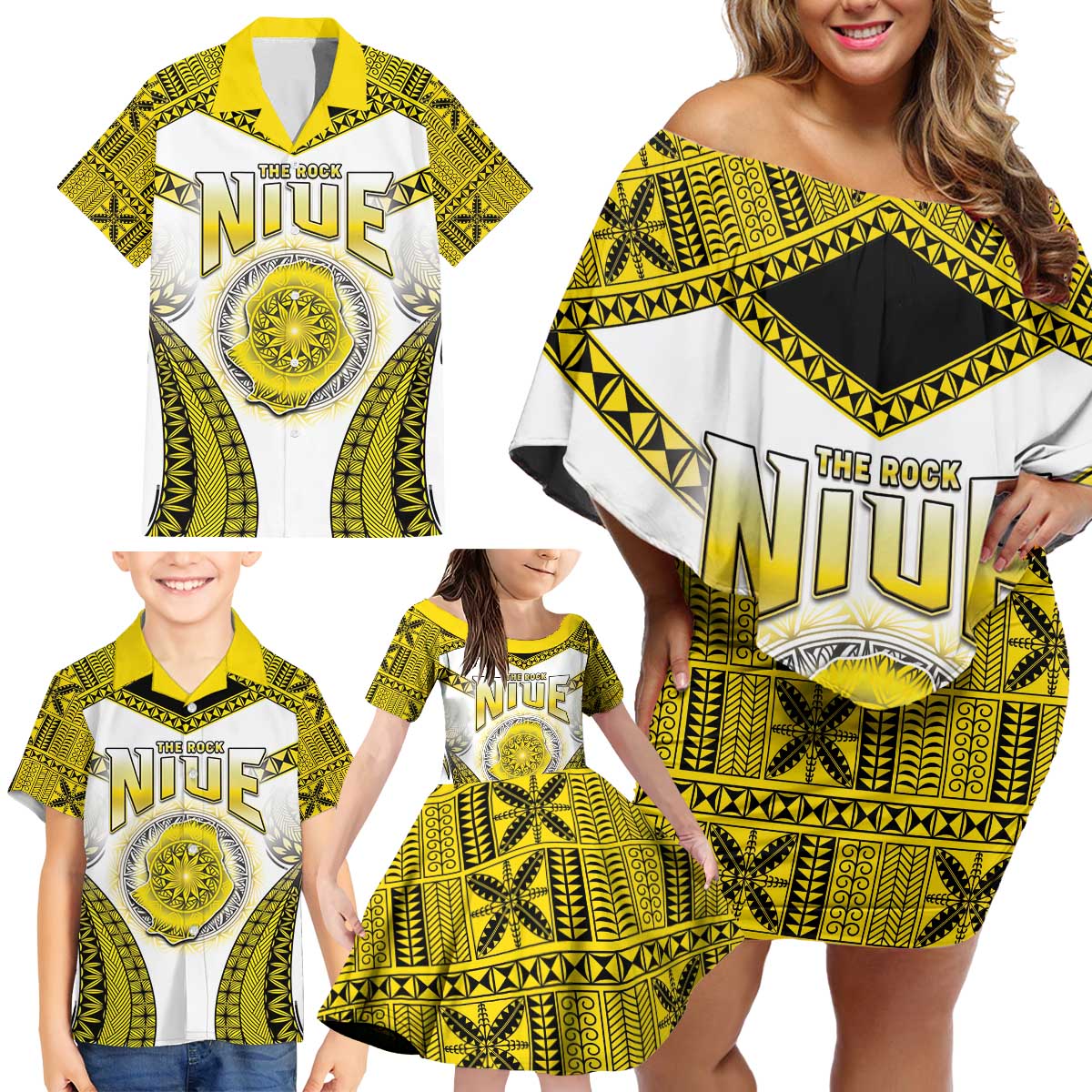 Personalised Niue The Rock Of Polynesia Family Matching Off Shoulder Short Dress and Hawaiian Shirt Peniamina Gospel Day Yellow Version