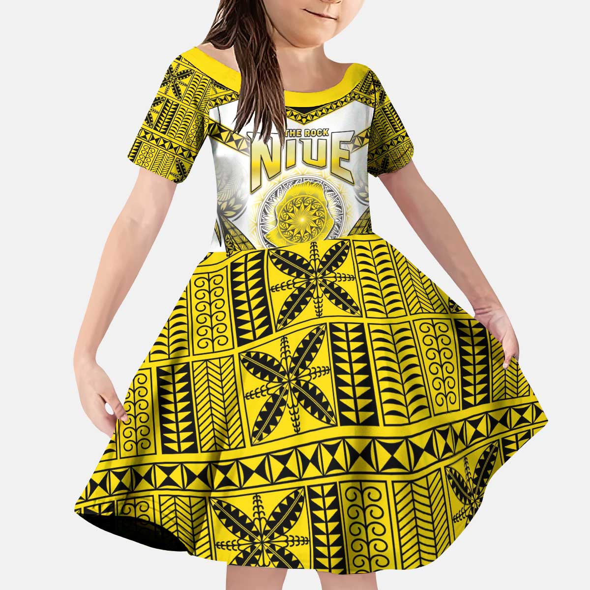 Personalised Niue The Rock Of Polynesia Family Matching Puletasi and Hawaiian Shirt Peniamina Gospel Day Yellow Version LT05 Daughter's Dress Yellow - Polynesian Pride