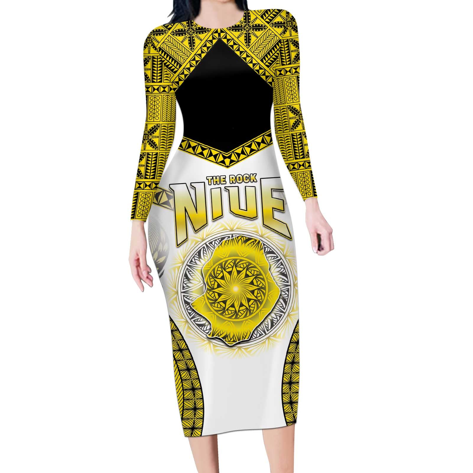 Personalised Niue The Rock Of Polynesia Long Sleeve Bodycon Dress Peniamina Gospel Day Yellow Version